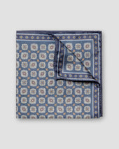 Navy Medallion Print Tussah Silk Pocket Square