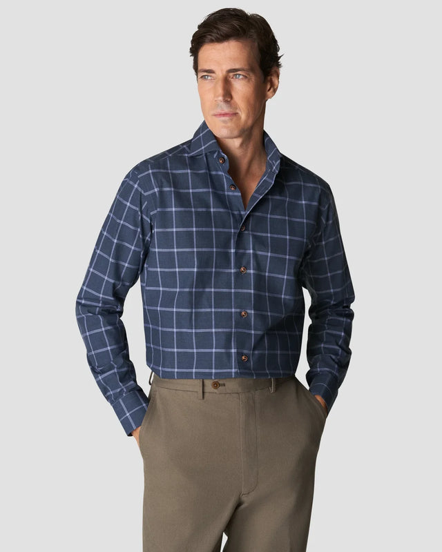 Hemd aus feinem Melange-Twill Navy mit monochromem Karo - Eton