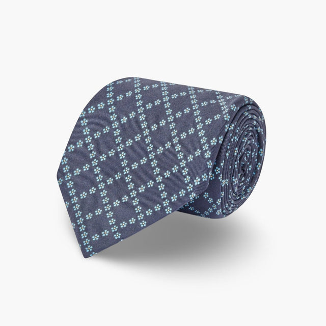 Navy, Blue & Yellow Check Floral Printed Silk Tie