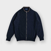 Navy Cashmere Baseball Cardigan with Brown Trim