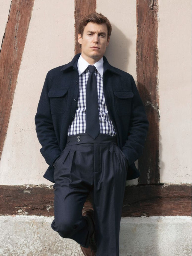 Navy gingham twill shirt with French collar