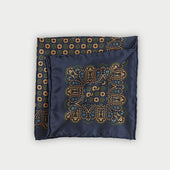 Navy & Gold Geometric Floral Silk Pocket Square