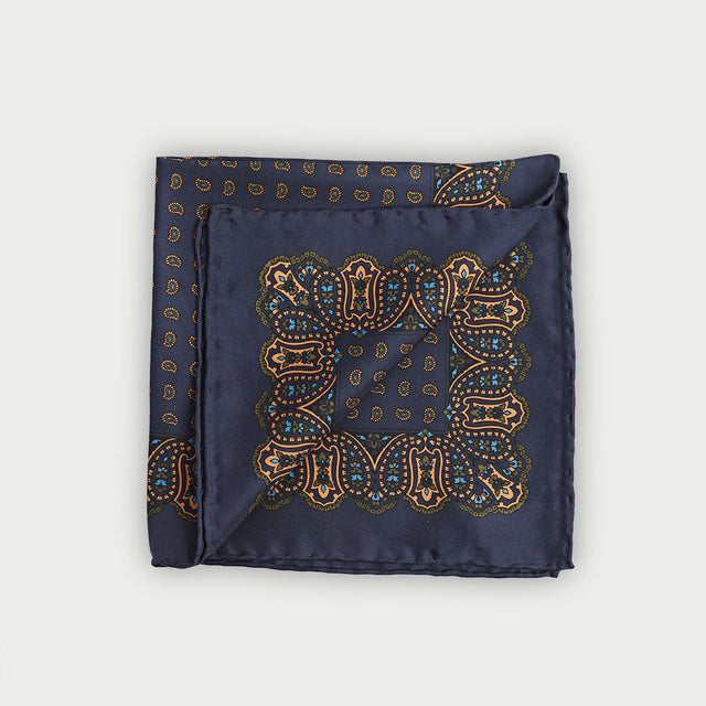 Navy & Gold Paisley Bean Silk Pocket Square