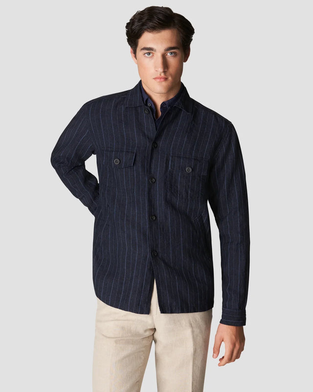 Navy Striped Linen Twill Overshirt - Eton