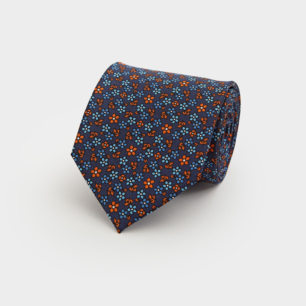 Orange Blue Floral Printed Silk Tie