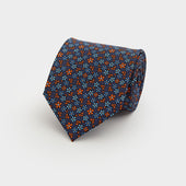Navy, Orange & Blue Floral Printed Silk Tie