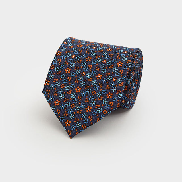 Navy, Orange & Blue Floral Printed Silk Tie