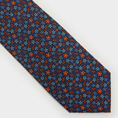 Orange Blue Floral Printed Silk Tie
