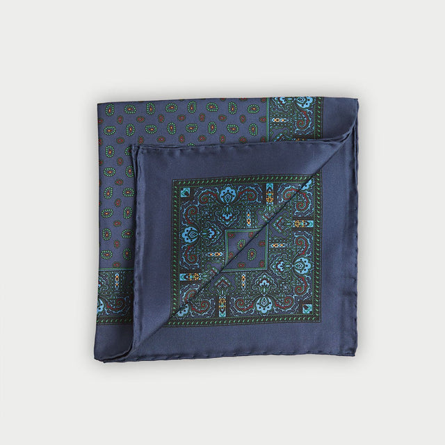Navy Paisley Bean Motif Silk Pocket Square