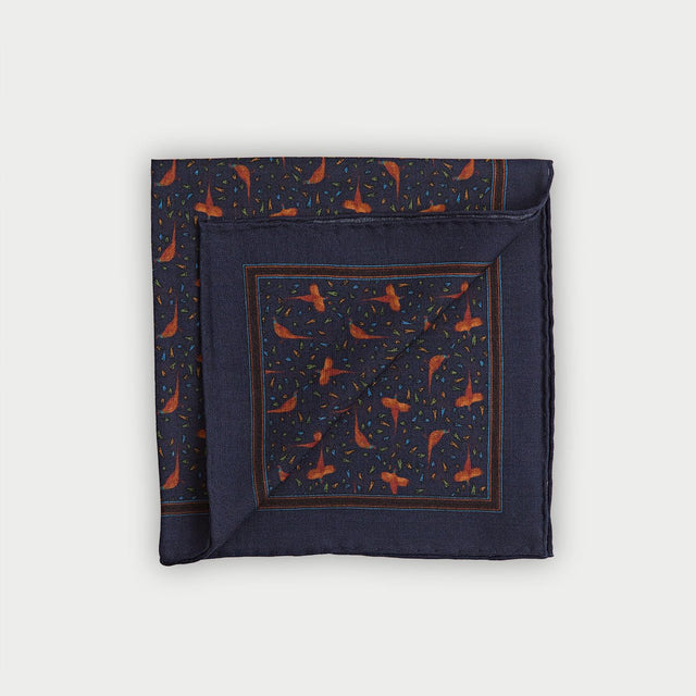 Navy Pheasant Motif Silk Blend Pocket Square
