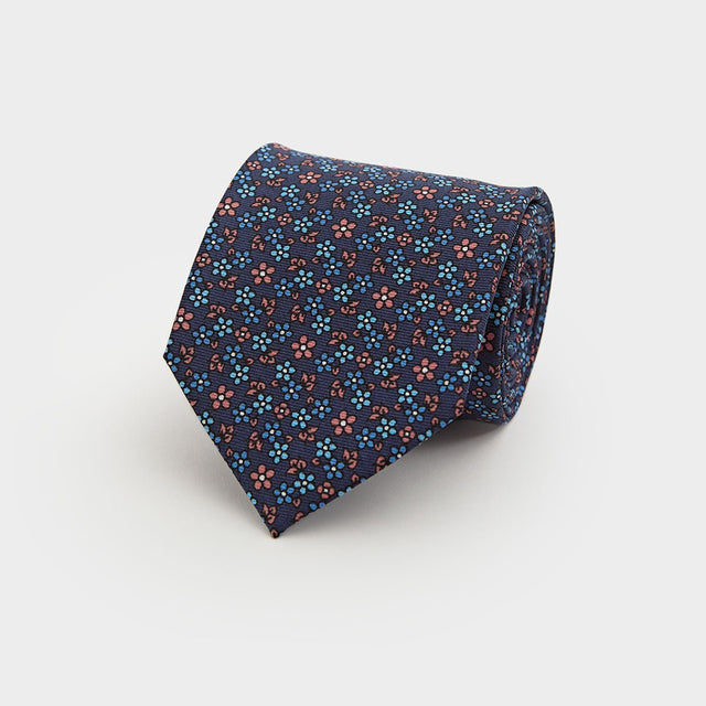Navy, Pink & Blue Floral Printed Silk Tie