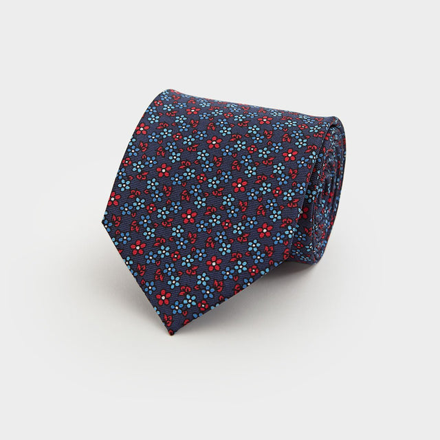 Navy, Red & Blue Floral Printed Silk Tie