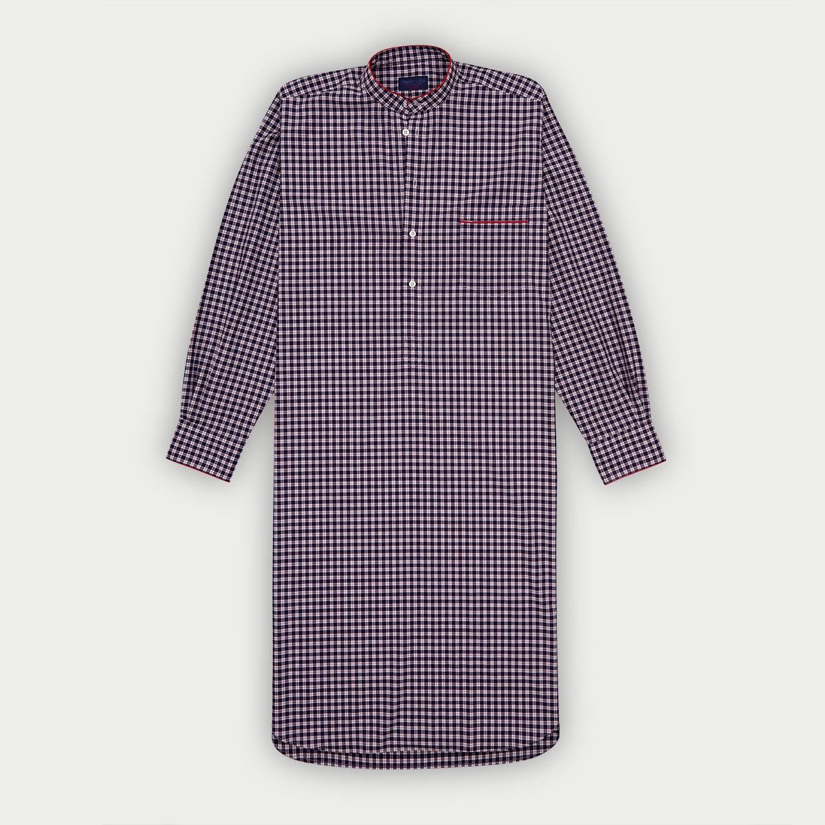 Red Check Cotton Nightshirt With Red Piping