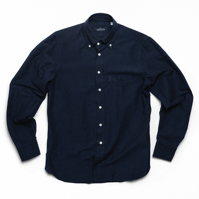 Navy Cotton & Linen Seersucker Button Down Shirt
