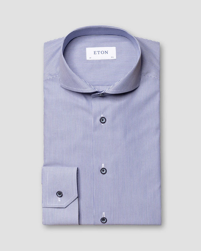Navy Striped Poplin Shirt - Navy Buttons - Eton
