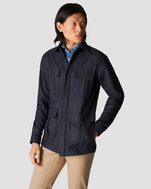 Navy karierte Hemdjacke aus Wolle-Kaschmir-Flanell - Eton