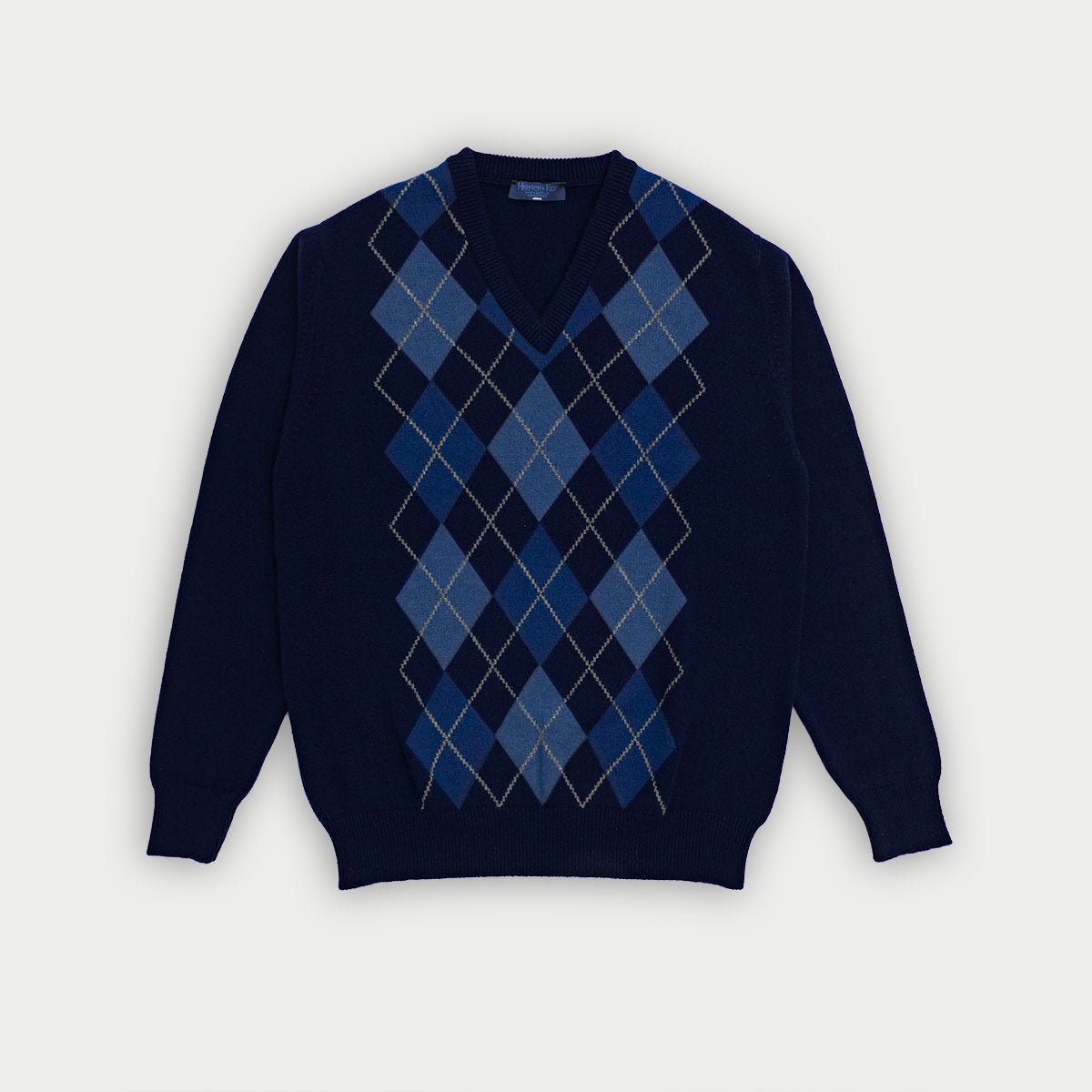 Navy V-Neck Cashmere Argyle Sweater
