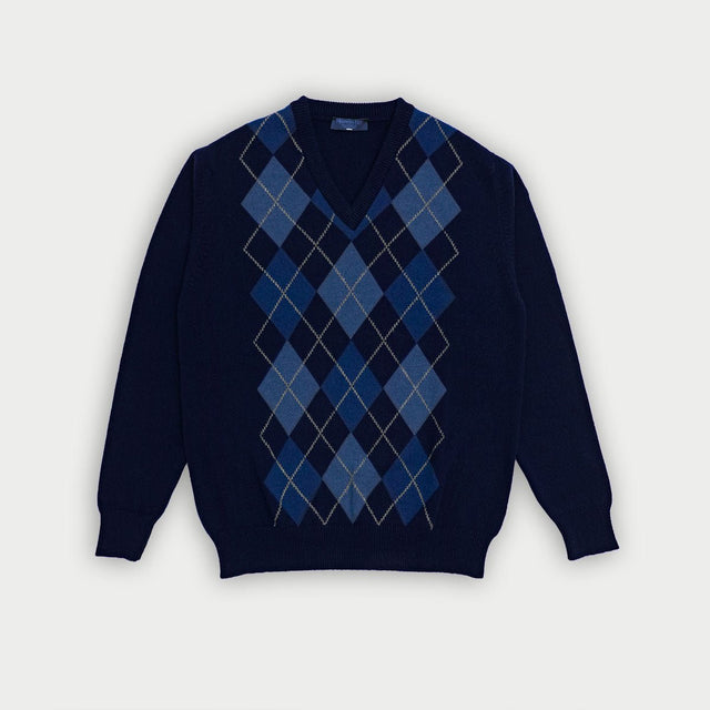 Navy V-Neck Cashmere Argyle Sweater