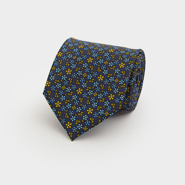 Navy, Yellow & Blue Floral Printed Silk Tie