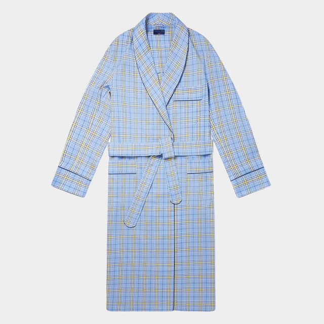 Navy & Yellow Check Twill Cotton Gown With Navy Piping