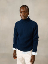 Blue Mogganer Submariner Chunky Shetland Polo Neck Sweater - Navy