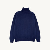 Blue Mogganer Submariner Chunky Shetland Polo Neck Sweater - Navy