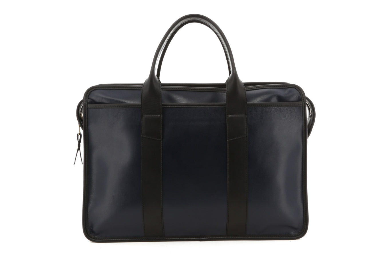 Bound Edge Zip-Top Briefcase - Navy/Black - Goatskin