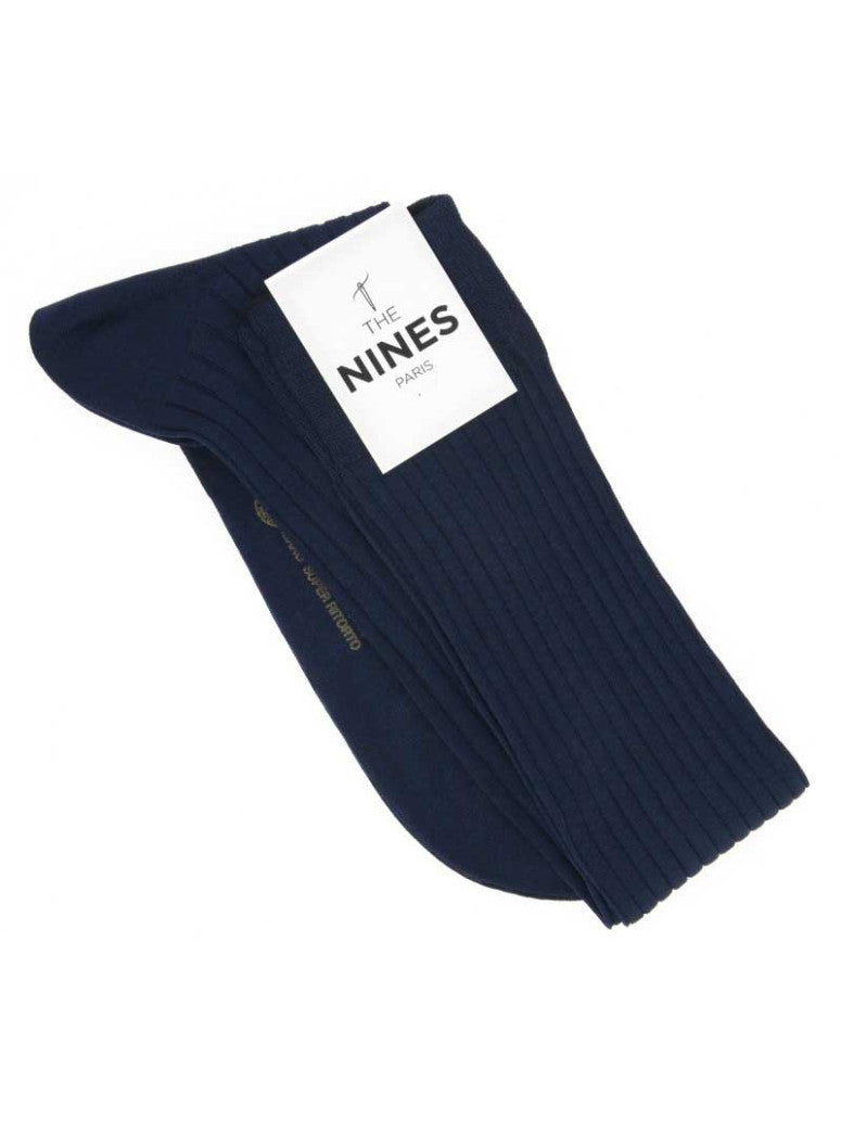 Night Blue Cotton Lisle Knee Socks Fine Ribbed