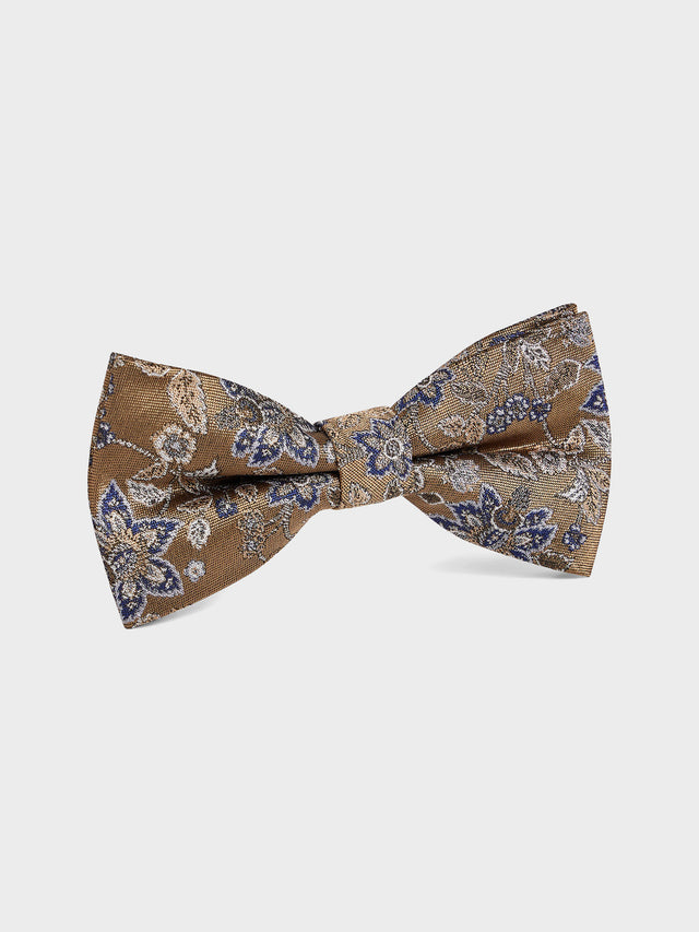 Noeud papillon en soie mélangée marron à motif fleuri bleu