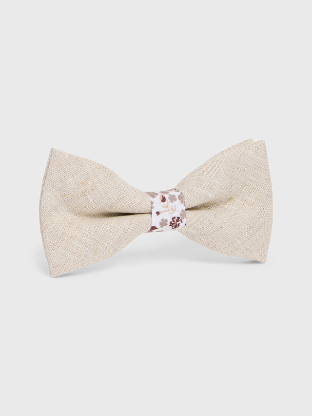 Noeud papillon bi-matière beige à motif fleuri