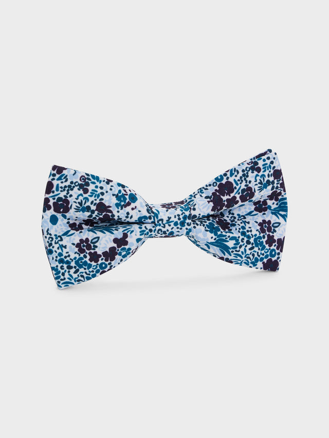 Noeud papillon aubergine à motif fleuri bleu