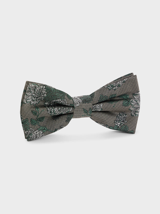 Noeud papillon en soie mélangée kaki à motif fleuri blanc