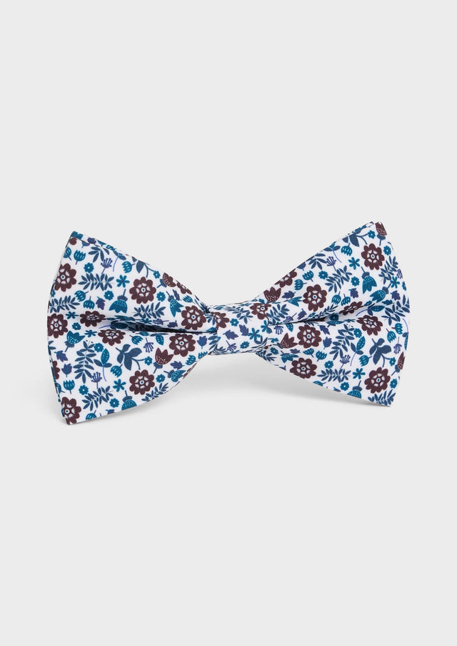 Noeud papillon blanc à motif fleuri vert et bordeaux