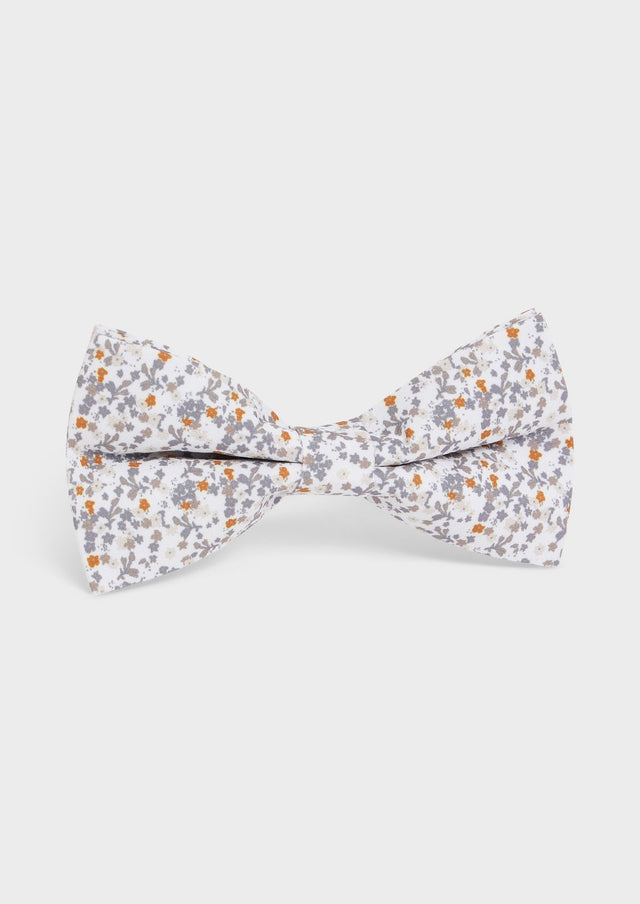 Noeud papillon blanc à motif fleuri gris perle et orange