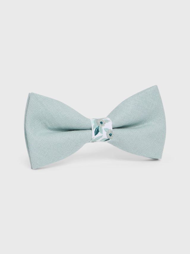 Noeud papillon bi-matière vert d'eau à motif fleuri