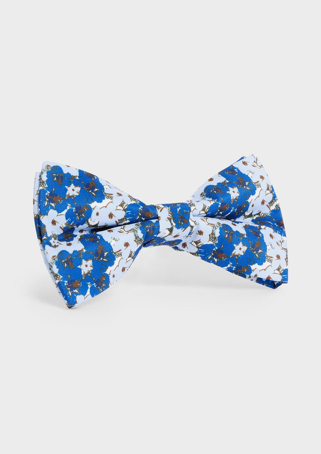 Noeud-papillon blanc à motif fleuri bleu cobalt et marron
