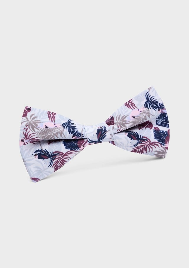 Noeud papillon blanc à motif fleuri rose, bleu, taupe et gris