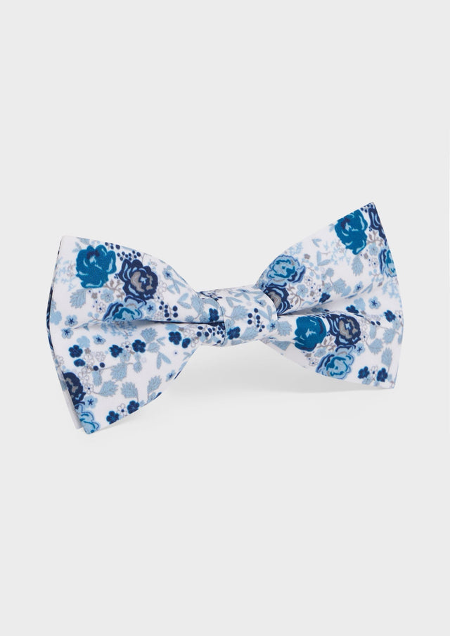 Noeud-papillon blanc à motif fleuri vert et bleu prusse