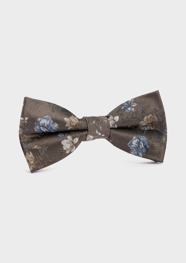 Noeud papillon en soie mélangée taupe à motif fleuri bleu et beige