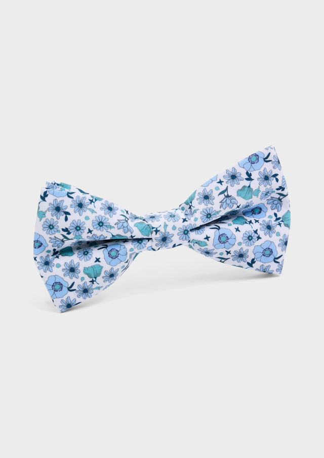 Noeud papillon blanc à motif fleuri vert d'eau et bleu
