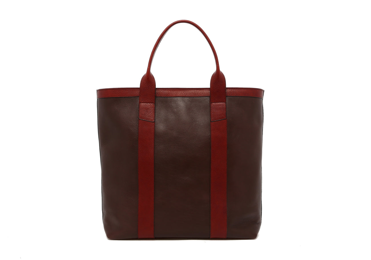 Tall Tote - Chocolate/Oxblood -Tumbled Leather - Linen Interior - Zipper Closure