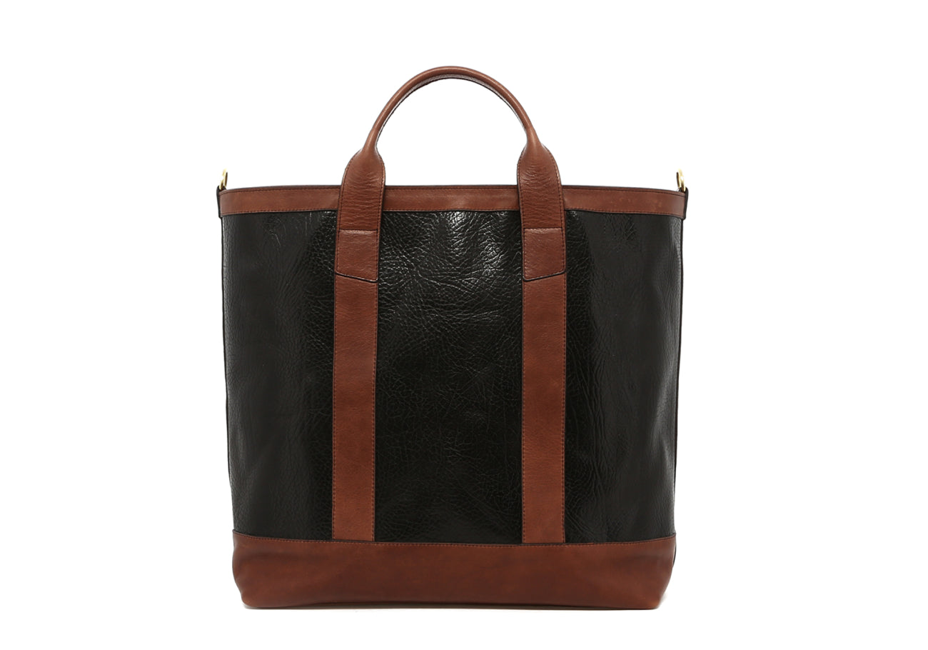 Tall Tote 4" Handles - Black/Cocoa - Shrunken Grain - Zipper Closure - Shoulder Strap