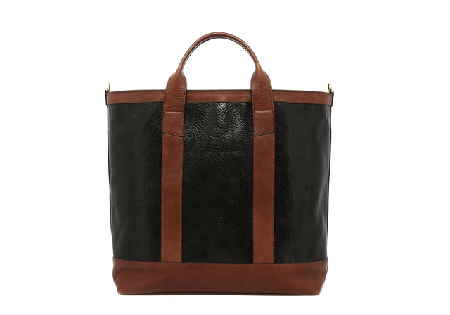 Tall Tote 4" Handles - Black/Cocoa - Shrunken Grain - Zipper Closure - Shoulder Strap