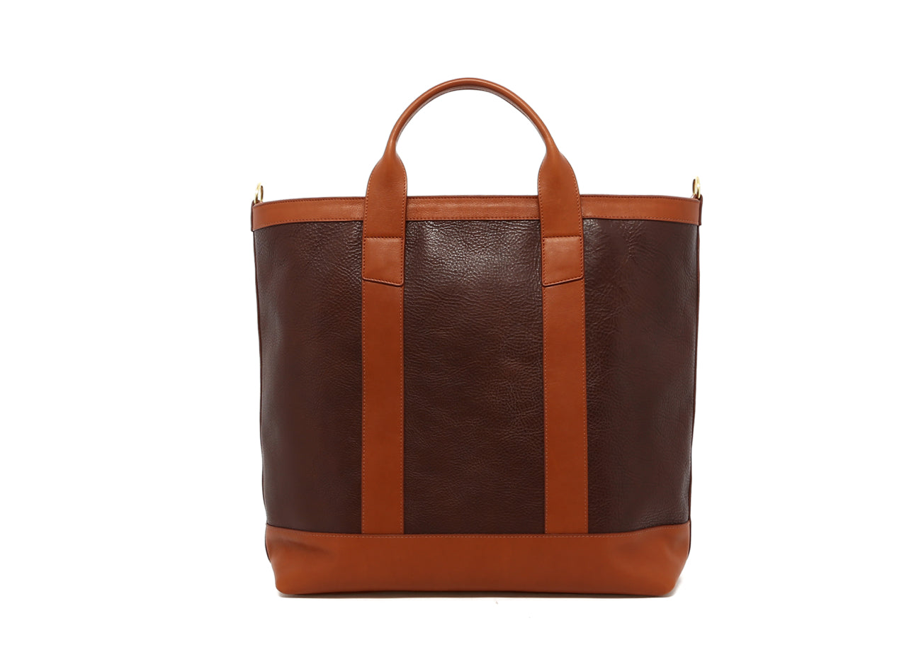 Tall Tote 4" Handles - Chocolate/Cognac - Tumbled - Zipper Closure - Shoulder Strap