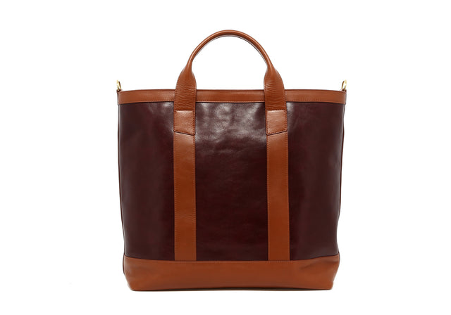 Tall Tote 4" Handles - Eggplant/Cognac - Tumbled - Zipper Closure - Shoulder Strap
