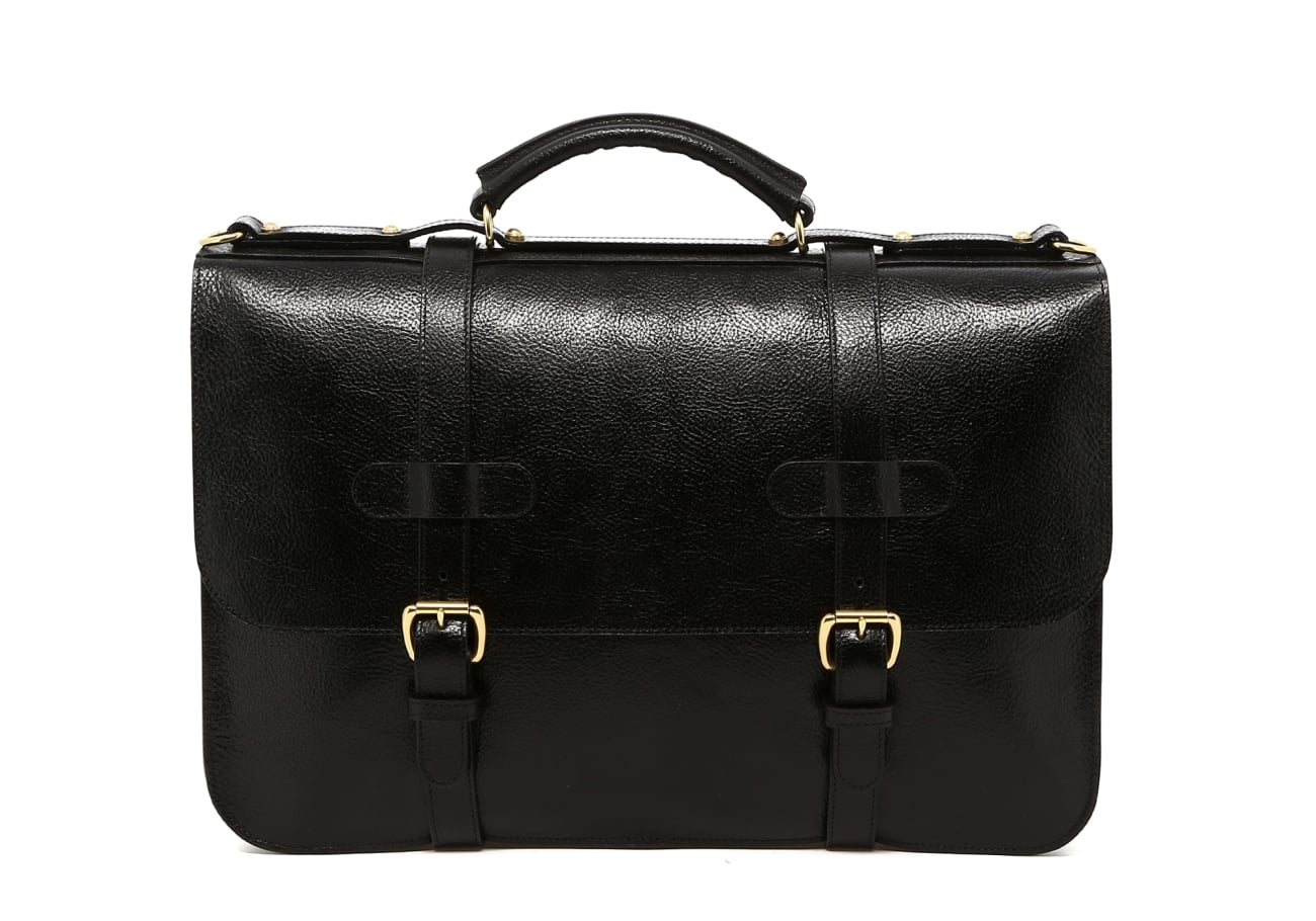 English Briefcase - Black - Glossy Tumbled Leather