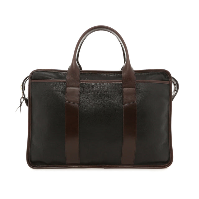 Bound Edge Zip-Top Briefcase - Black/Chocolate Torte - Tumbled Leather