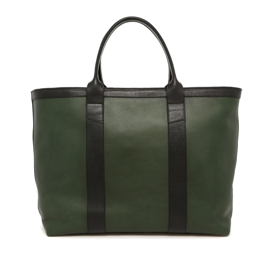 Signature Working Tote Green Black Tumbled Leather Zipper Closure Mediterranean Blue Sunbrella