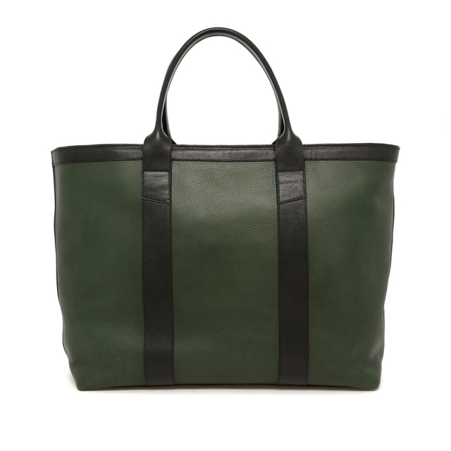 Signature Working Tote - Green/Black - Tumbled Leather - Zipper Closure - Mediterranean Blue Sunbrella