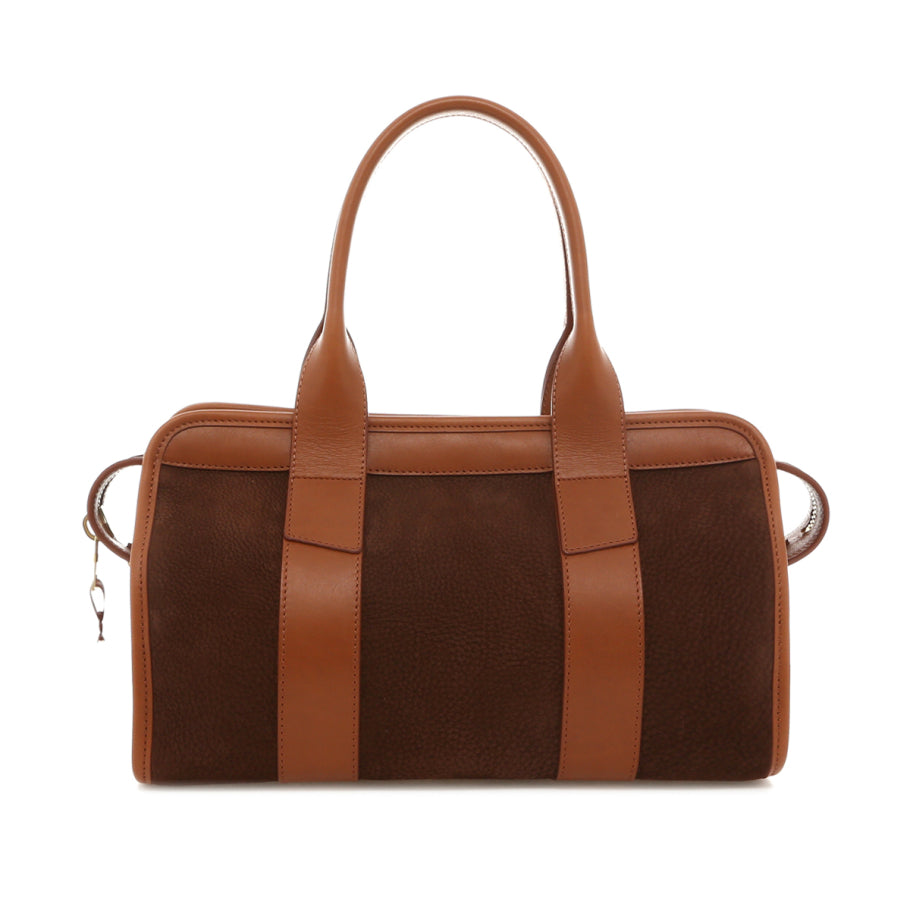 Small Satchel Brown Cognac Nubuck Mediterranean Blue Tweed Sunbrella